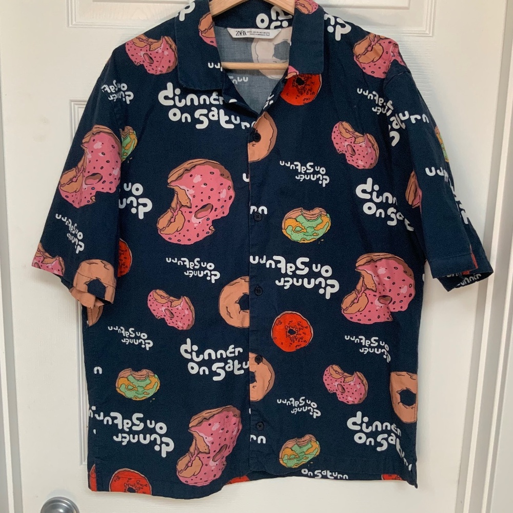Navy Blue Patterned Short Sleeve Shirt by Zara Men’s XL